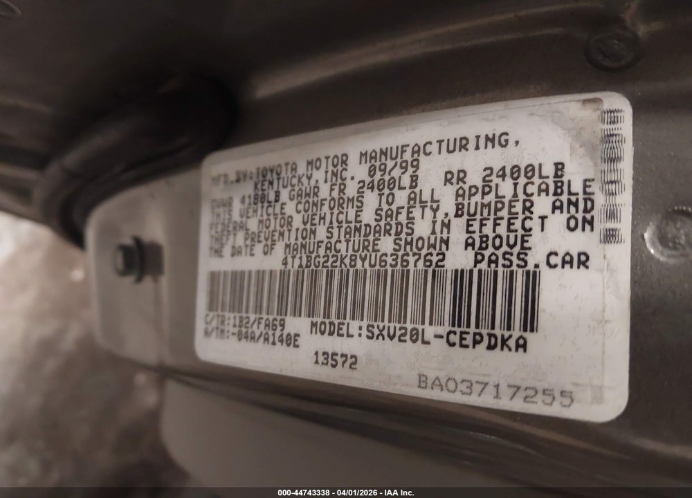 2000 TOYOTA CAMRY CE VIN: 4T1BG22K8YU636762