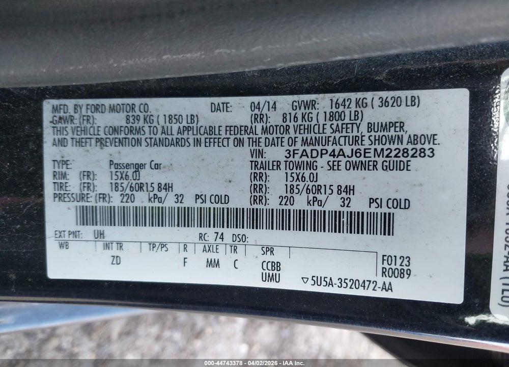 2014 FORD FIESTA S VIN: 3FADP4AJ6EM228283