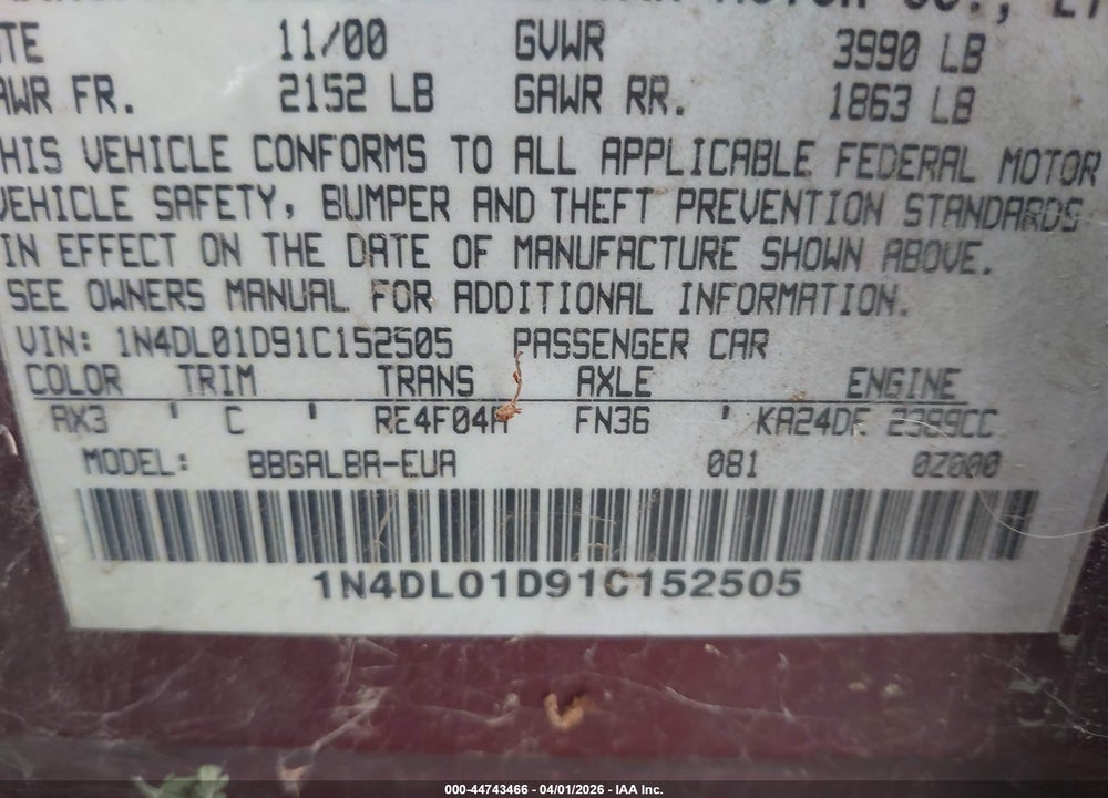 2001 NISSAN ALTIMA GXE VIN: 1N4DL01D91C152505