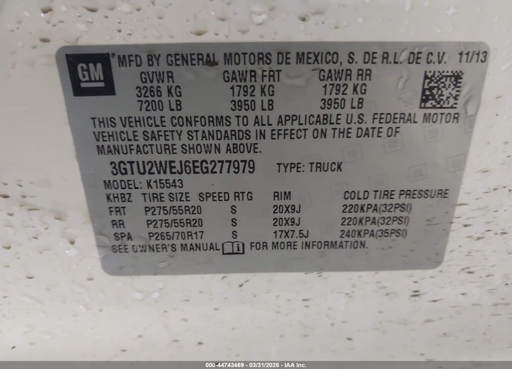2014 GMC SIERRA 1500 DENALI VIN: 3GTU2WEJ6EG277979