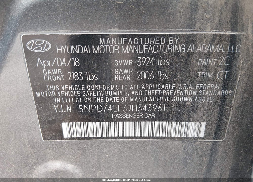2018 HYUNDAI ELANTRA SE VIN: 5NPD74LF3JH343961