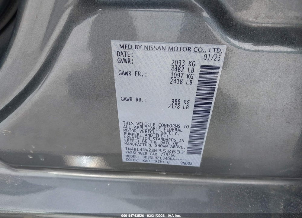 2025 NISSAN ALTIMA SV AWD VIN: 1N4BL4DW2SN358637