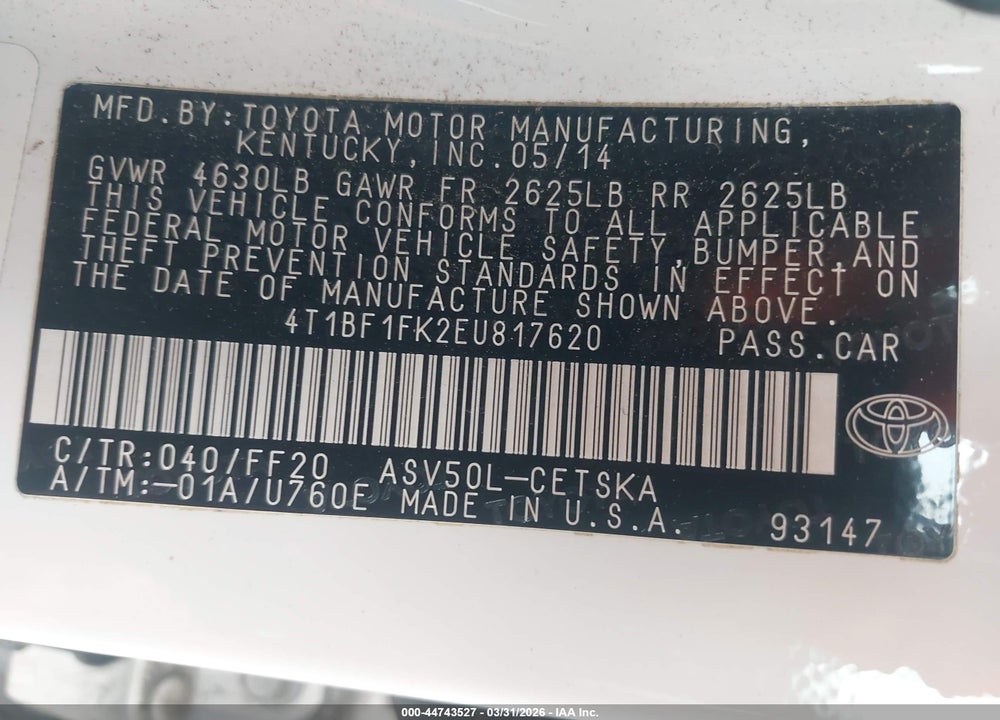 2014 TOYOTA CAMRY SE VIN: 4T1BF1FK2EU817620