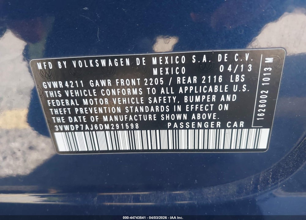 2013 VOLKSWAGEN JETTA 2.5L SE VIN: 3VWDP7AJ6DM291598