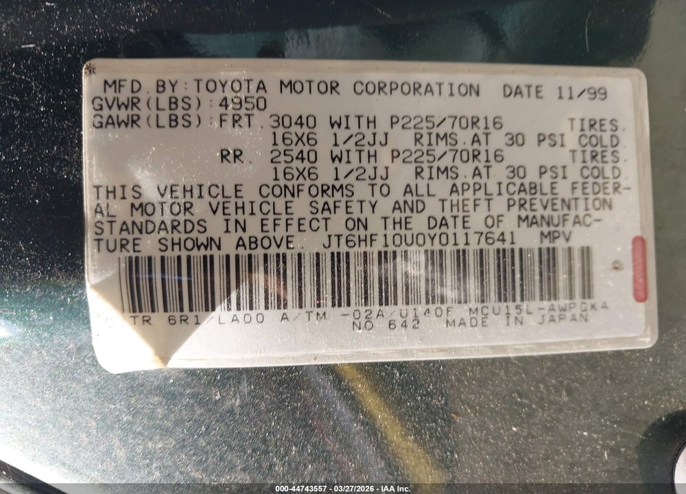 2000 LEXUS RX 300 VIN: JT6HF10U0Y0117641