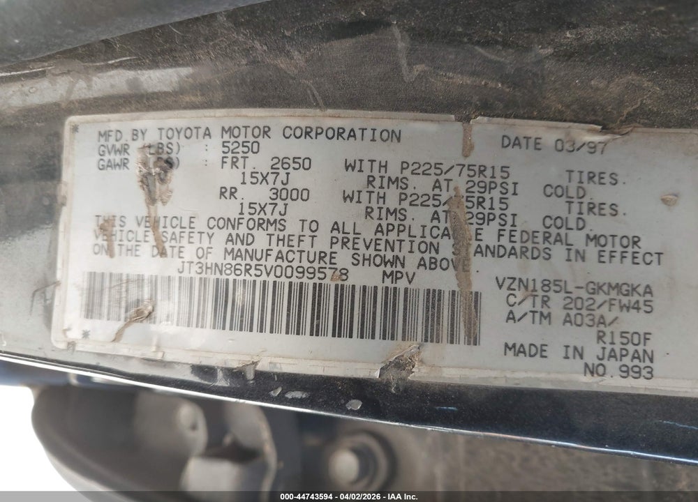 1997 TOYOTA 4RUNNER SR5 V6 VIN: JT3HN86R5V0099578