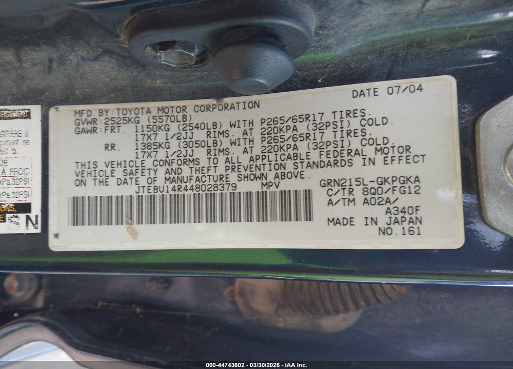 2004 TOYOTA 4RUNNER SR5 V6 VIN: JTEBU14R448028379