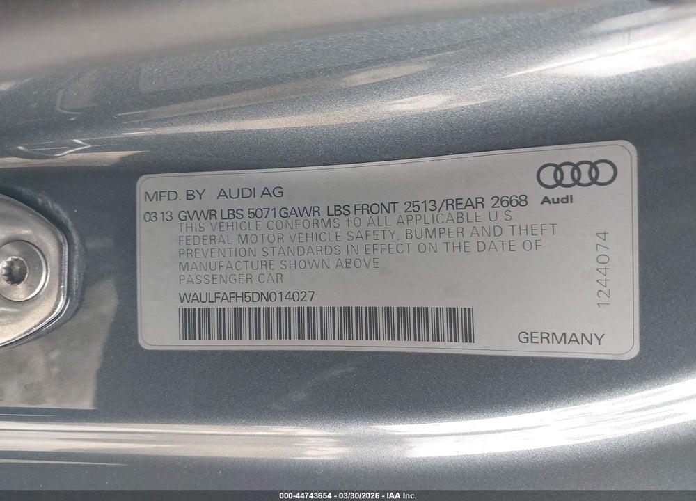 2013 AUDI A5 2.0T PREMIUM VIN: WAULFAFH5DN014027