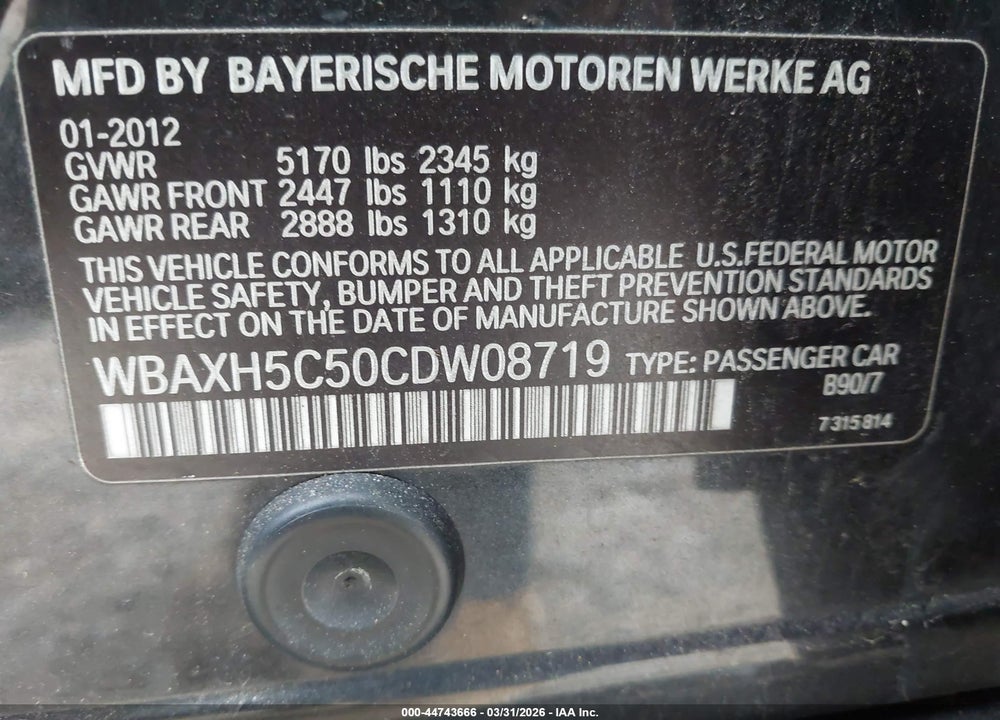2012 BMW 528I XDRIVE VIN: WBAXH5C50CDW08719