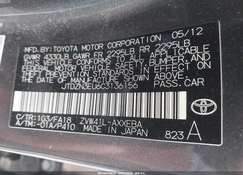 2012 TOYOTA PRIUS V THREE VIN: JTDZN3EU6C3136156