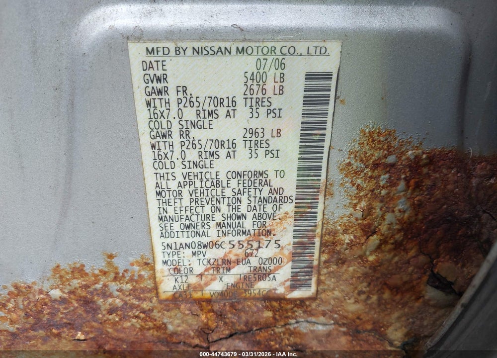2006 NISSAN XTERRA S VIN: 5N1AN08W06C555175
