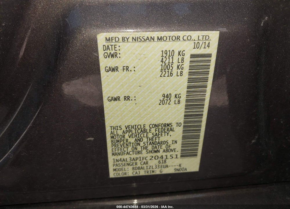 2015 NISSAN ALTIMA 2.5 SV VIN: 1N4AL3AP1FC204151