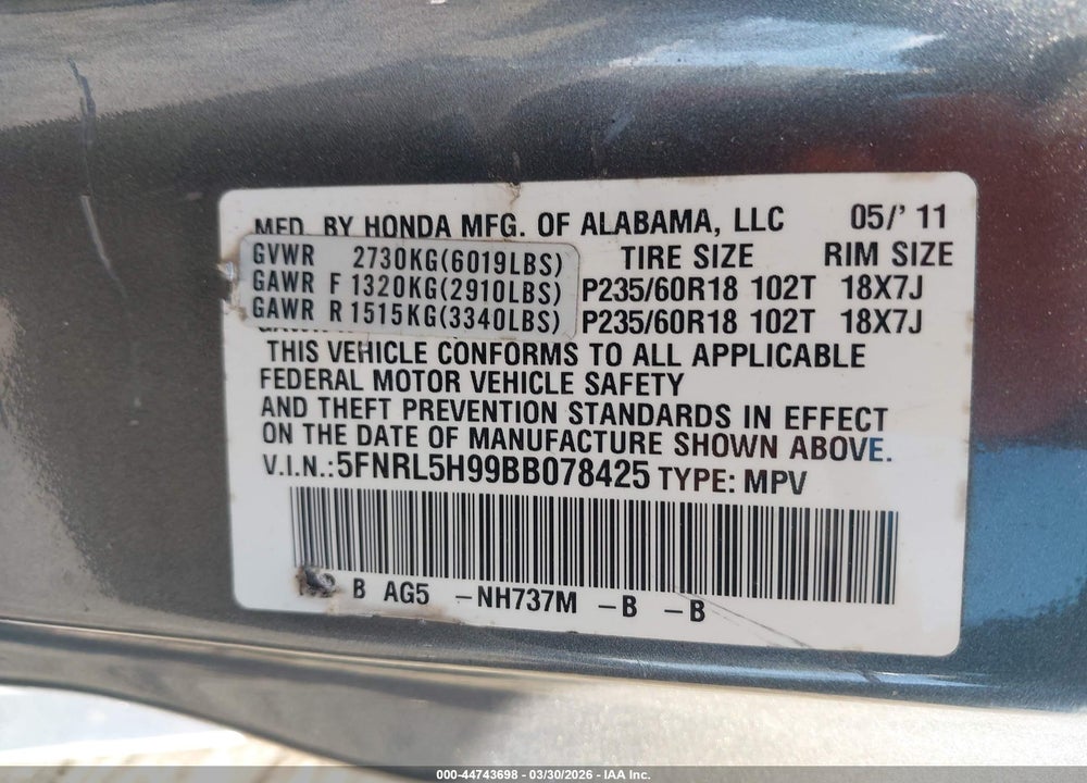 2011 HONDA ODYSSEY TOURING/TOURING ELITE VIN: 5FNRL5H99BB078425