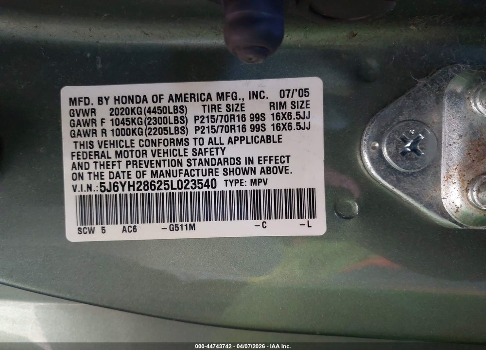 2005 HONDA ELEMENT EX VIN: 5J6YH28625L023540