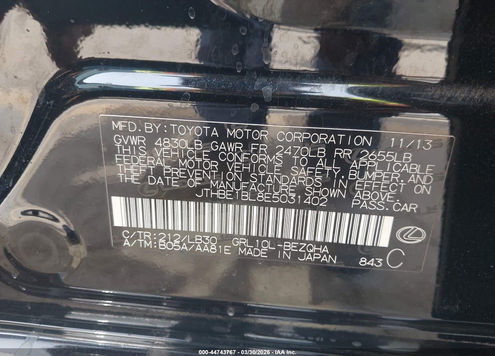 2014 LEXUS GS 350 VIN: JTHBE1BL8E5031402