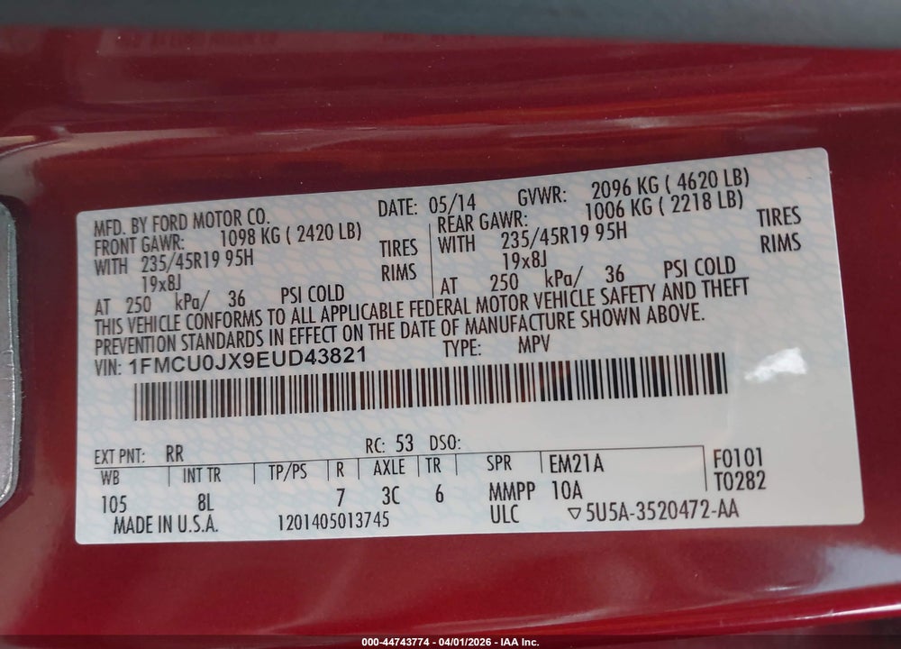 2014 FORD ESCAPE TITANIUM VIN: 1FMCU0JX9EUD43821