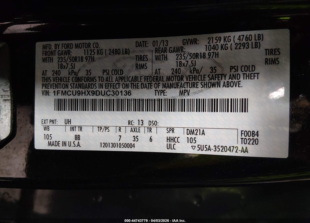 2013 FORD ESCAPE SEL VIN: 1FMCU9HX9DUC30136