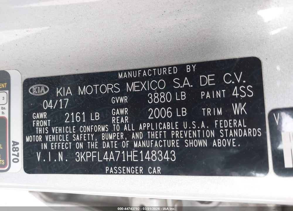 2017 KIA FORTE LX VIN: 3KPFL4A71HE148343