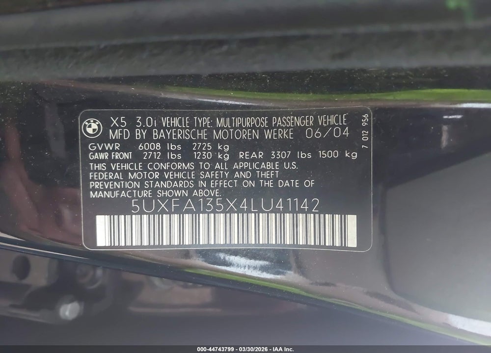 2004 BMW X5 3.0I VIN: 5UXFA135X4LU41142