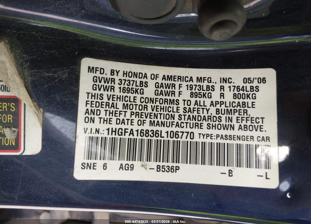 2006 HONDA CIVIC EX VIN: 1HGFA16836L106770