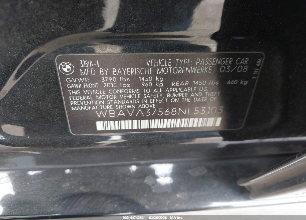 2008 BMW 328I VIN: WBAVA37568NL53103