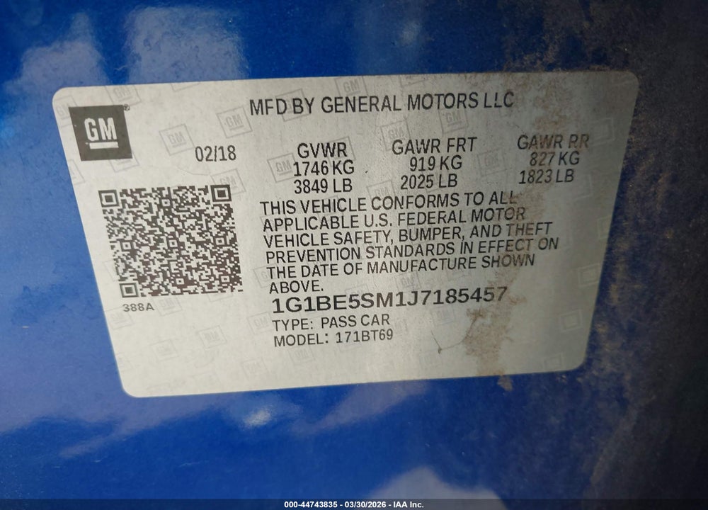 2018 CHEVROLET CRUZE LT AUTO VIN: 1G1BE5SM1J7185457