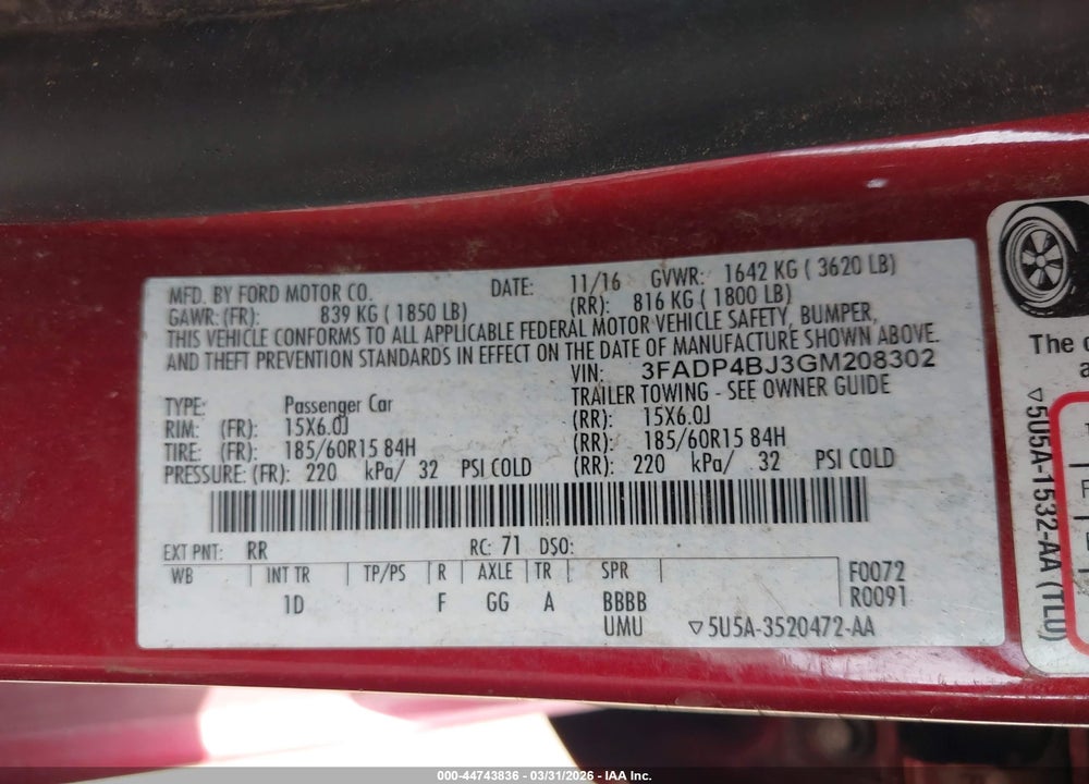 2016 FORD FIESTA SE VIN: 3FADP4BJ3GM208302