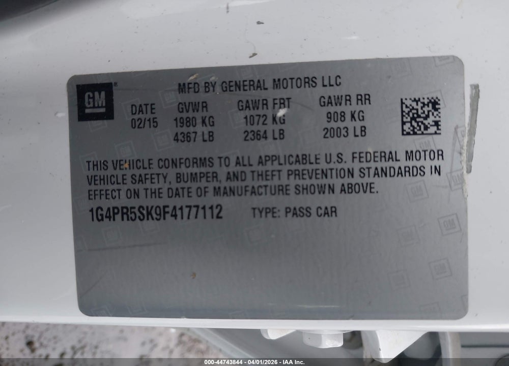 2015 BUICK VERANO CONVENIENCE GROUP VIN: 1G4PR5SK9F4177112