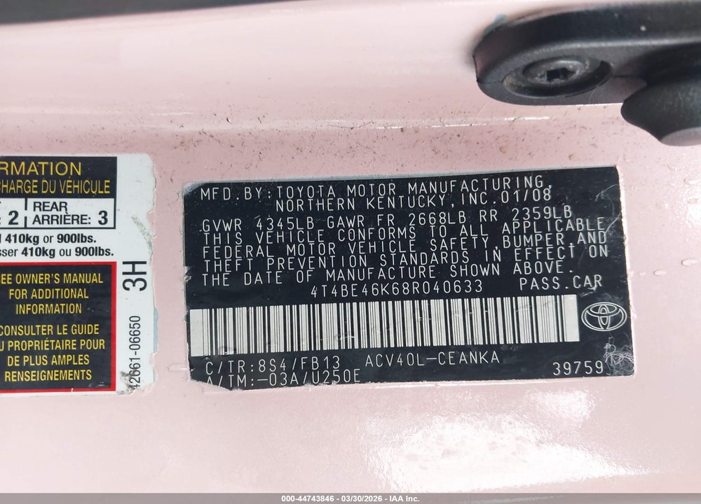 2008 TOYOTA CAMRY LE VIN: 4T4BE46K68R040633
