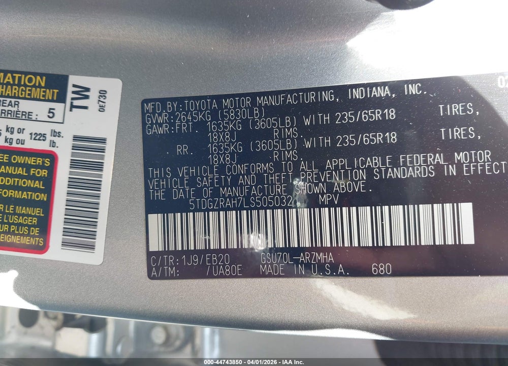 2020 TOYOTA HIGHLANDER XLE VIN: 5TDGZRAH7LS505032