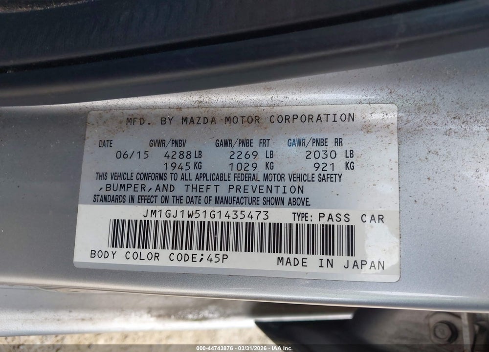 2016 MAZDA 6 I GRAND TOURING VIN: JM1GJ1W51G1435473