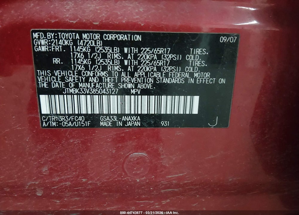 2008 TOYOTA RAV4 BASE V6 VIN: JTMBK33V385043127
