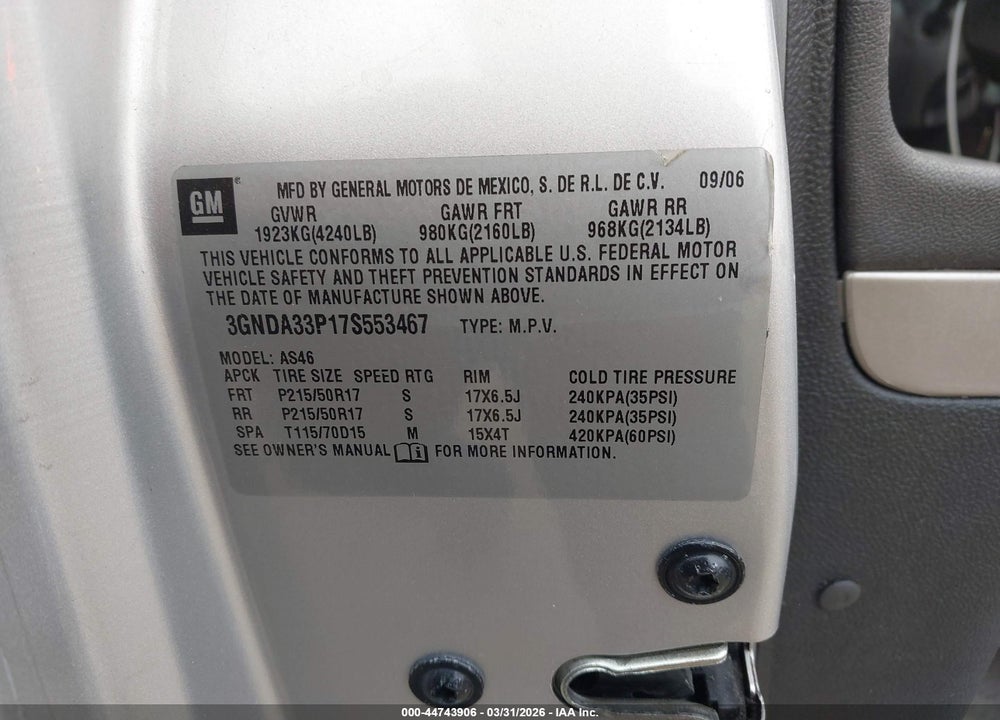 2007 CHEVROLET HHR LT VIN: 3GNDA33P17S553467