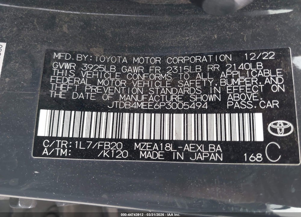 2023 TOYOTA COROLLA LE VIN: JTDB4MEE6P3005494