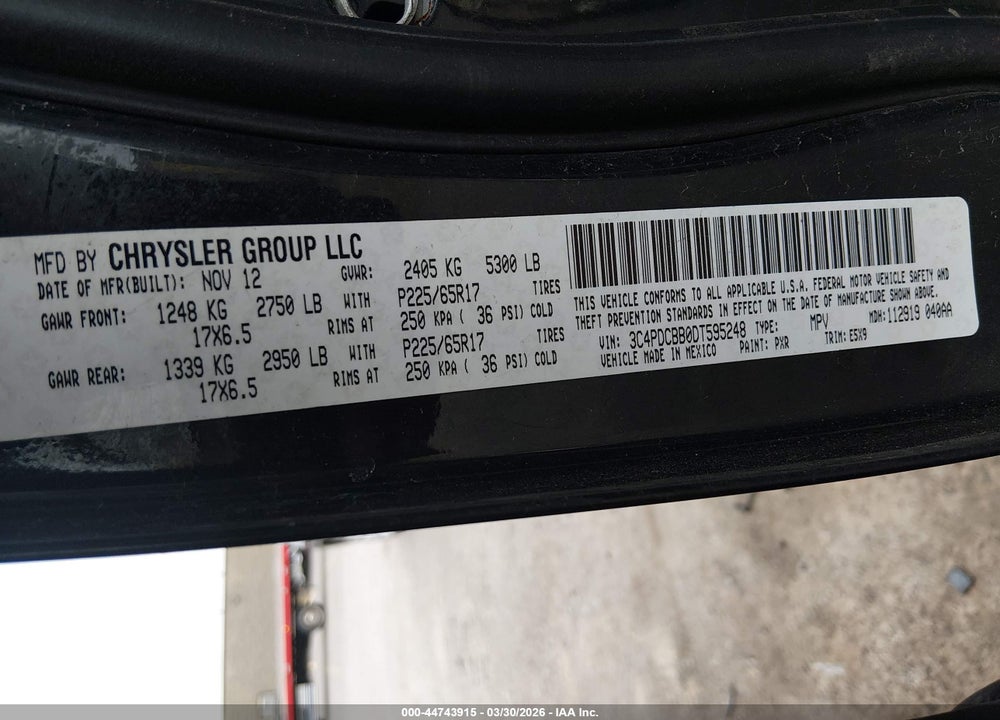 2013 DODGE JOURNEY SXT VIN: 3C4PDCBB0DT595248
