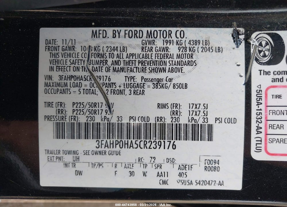 2012 FORD FUSION SE VIN: 3FAHP0HA5CR239176