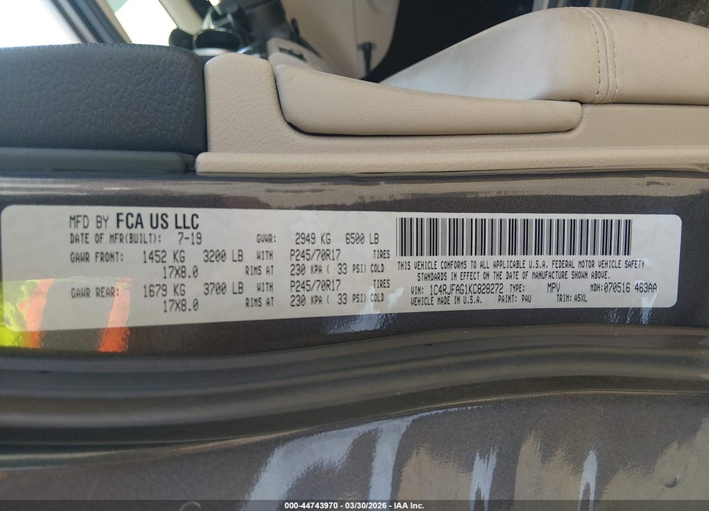 2019 JEEP GRAND CHEROKEE LAREDO E 4X4 VIN: 1C4RJFAG1KC828272