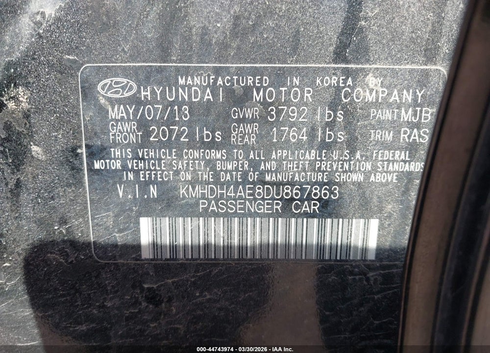 2013 HYUNDAI ELANTRA LIMITED VIN: KMHDH4AE8DU867863