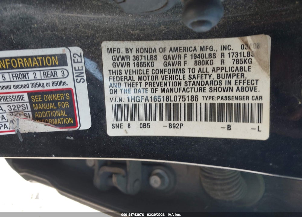 2008 HONDA CIVIC SDN LX VIN: 1HGFA16518L075186