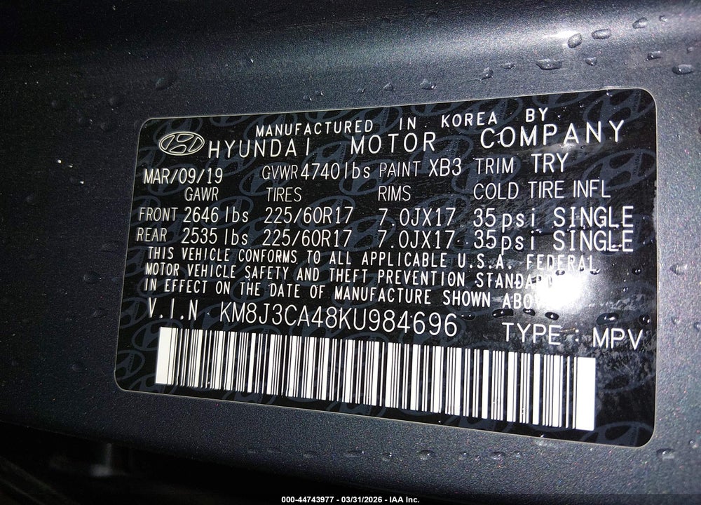 2019 HYUNDAI TUCSON VALUE VIN: KM8J3CA48KU984696