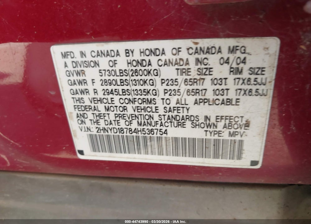 2004 ACURA MDX VIN: 2HNYD18784H536754