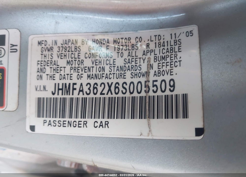 2006 HONDA CIVIC HYBRID VIN: JHMFA362X6S005509