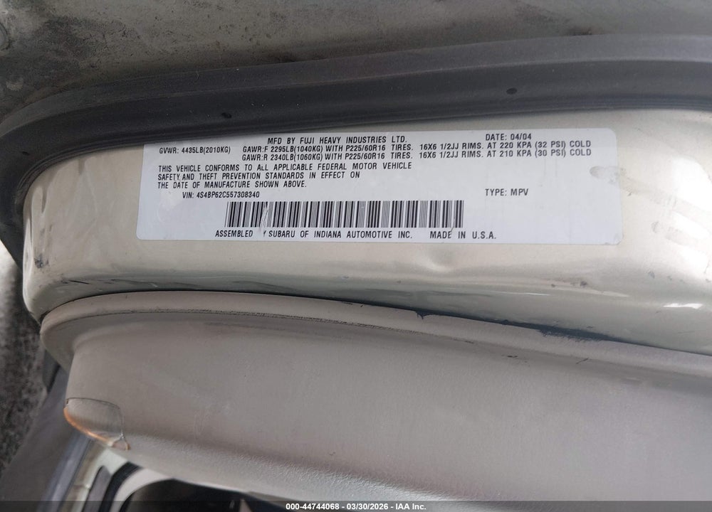 2005 SUBARU OUTBACK 2.5I LIMITED VIN: 4S4BP62C557308340