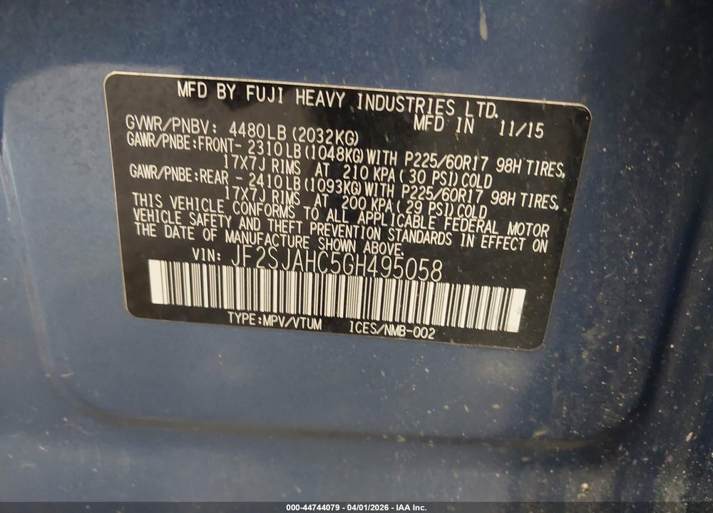 2016 SUBARU FORESTER 2.5I LIMITED VIN: JF2SJAHC5GH495058