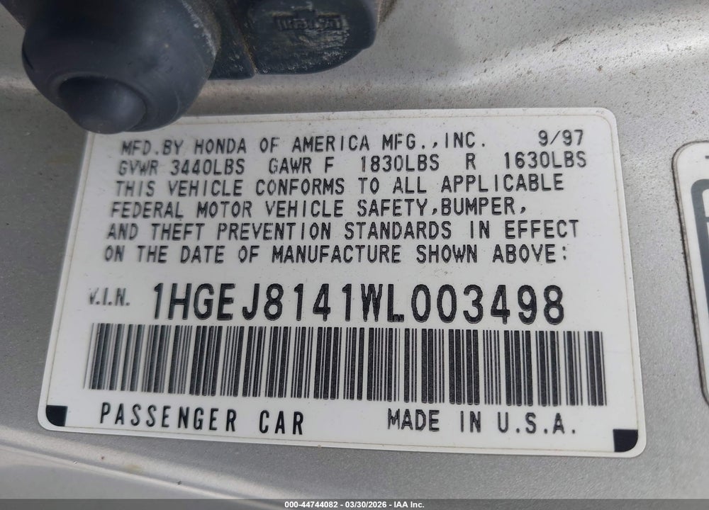 1998 HONDA CIVIC EX VIN: 1HGEJ8141WL003498