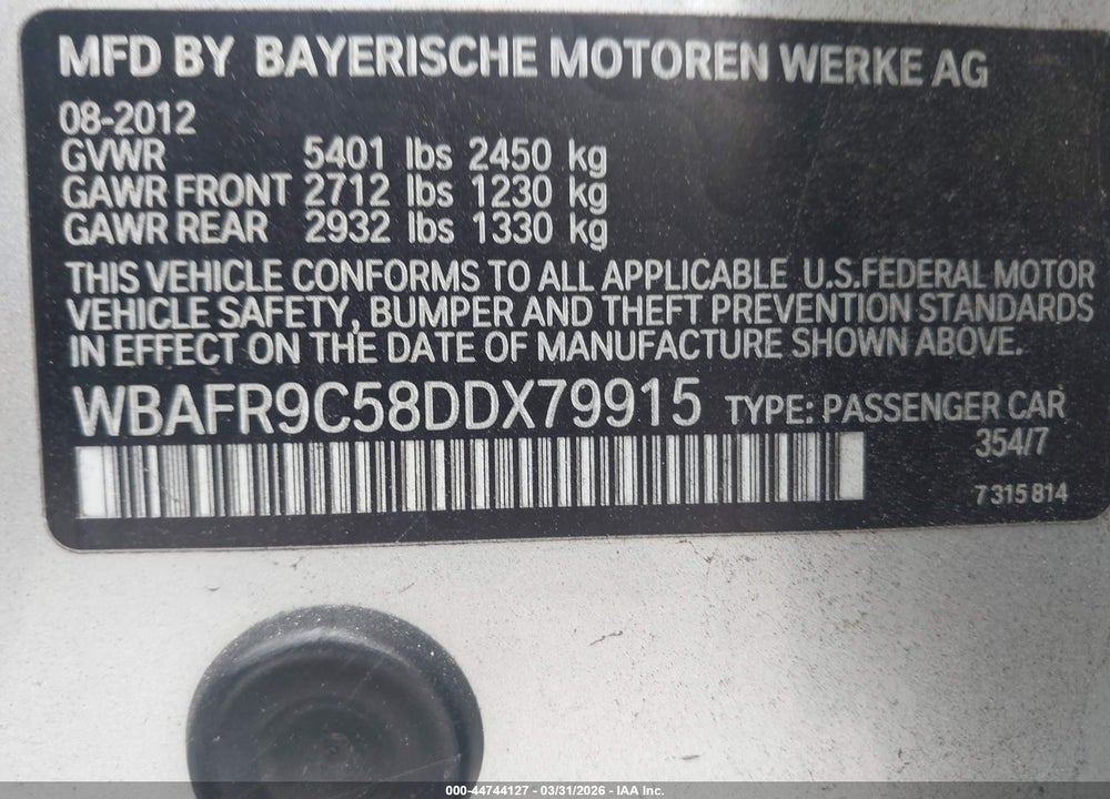 2013 BMW 550I VIN: WBAFR9C58DDX79915