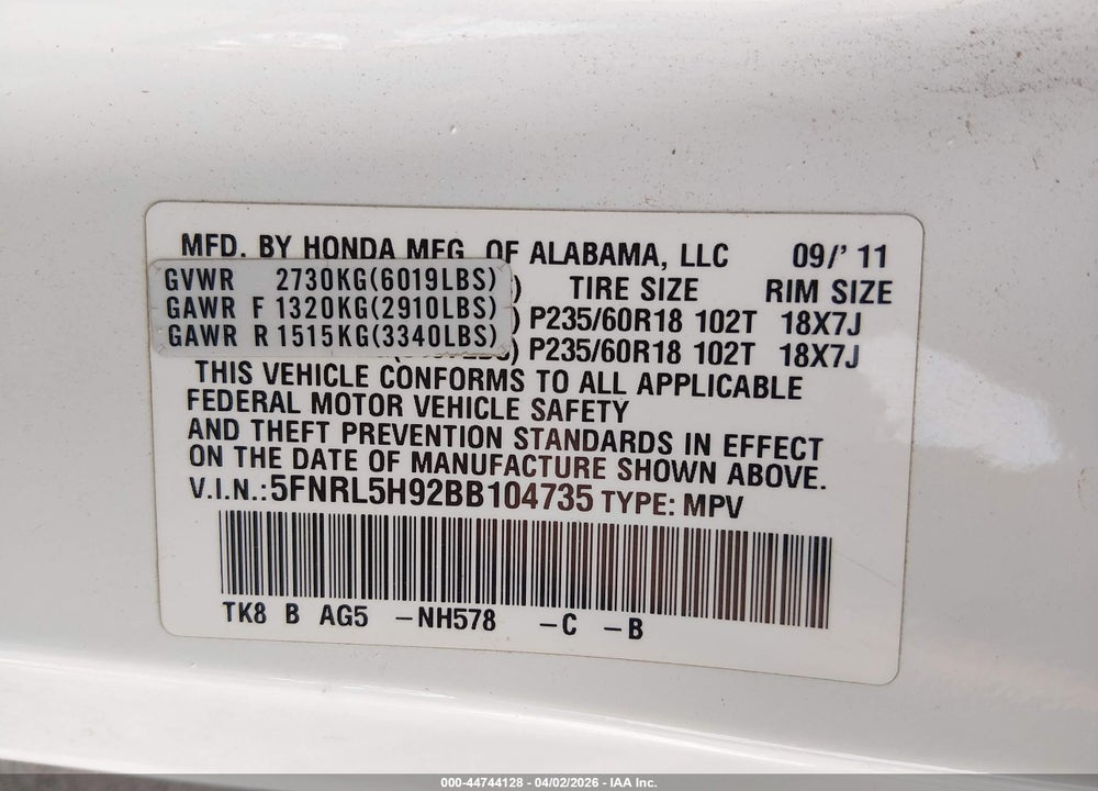 2011 HONDA ODYSSEY TOURING/TOURING ELITE VIN: 5FNRL5H92BB104735