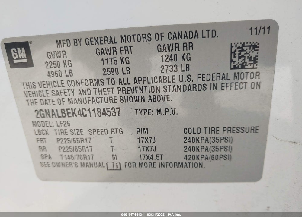 2012 CHEVROLET EQUINOX LS VIN: 2GNALBEK4C1184537