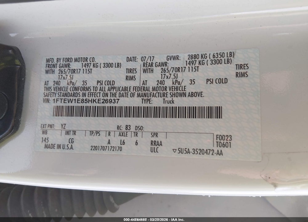 2017 FORD F-150 XL VIN: 1FTEW1E85HKE26937