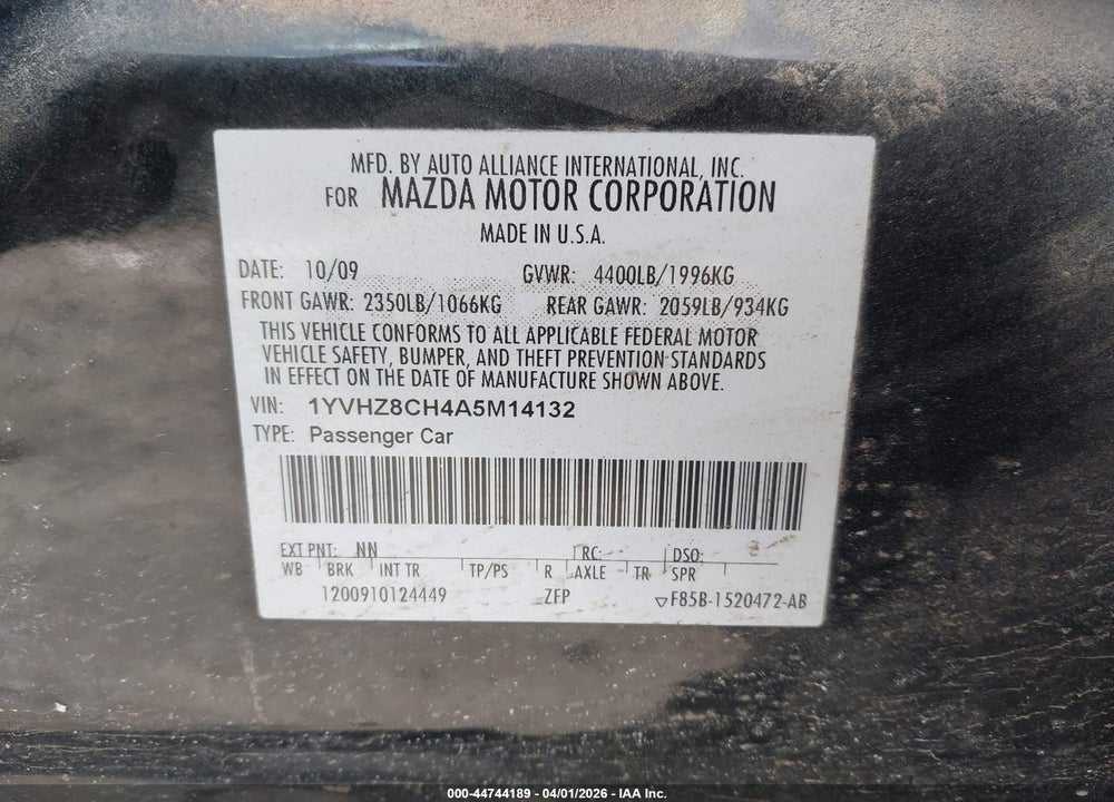2010 MAZDA 6 I TOURING VIN: 1YVHZ8CH4A5M14132